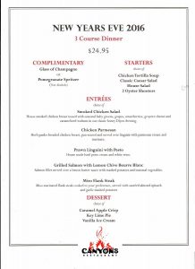 Canyon's Restaurant New Years Menu 2016-2017