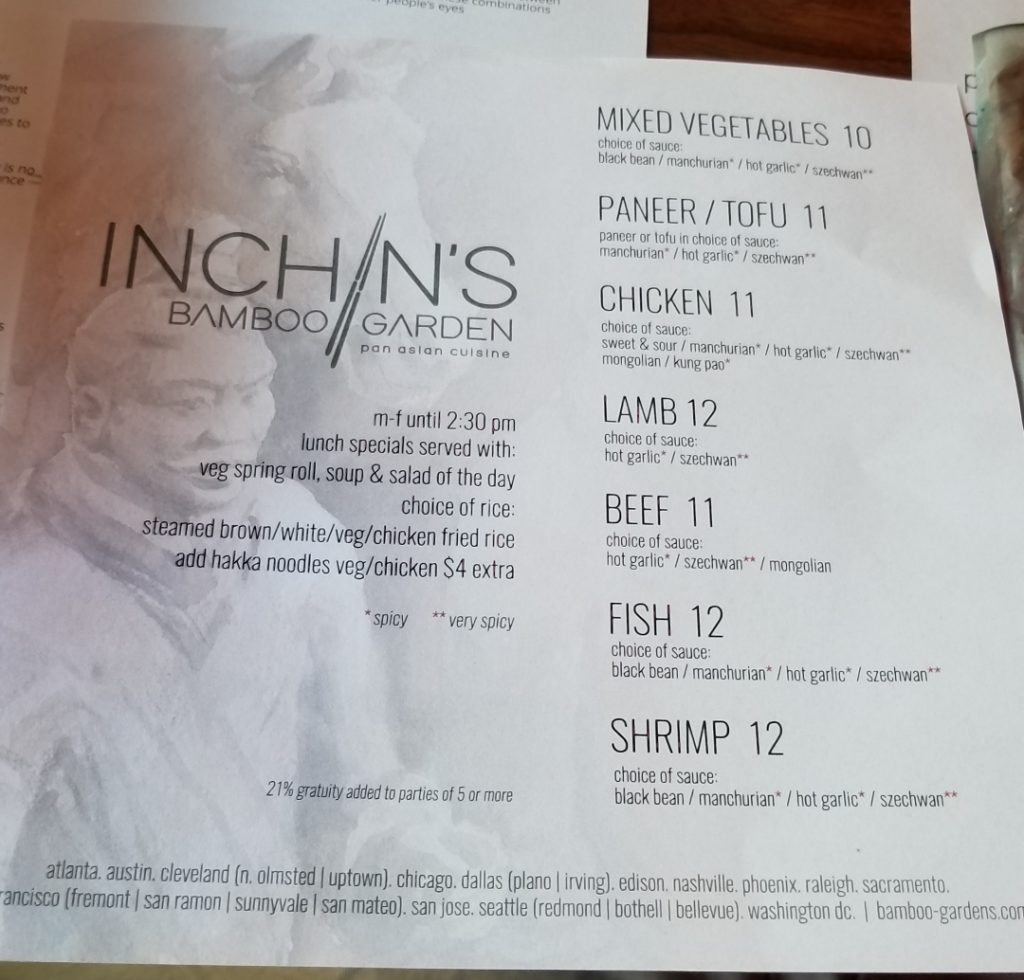 Bothell;s Inchin's Bamboo Garden Lunch Menu